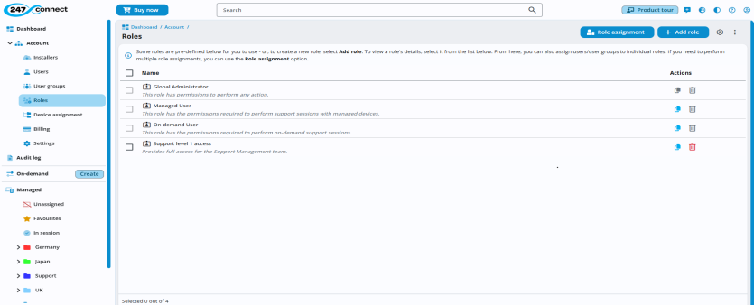Web Portal with Account > Roles selected. It lists four roles: Global Administrator, Managed User, On-demand User and Support level 1 access. Each role has a brief description. The Actions column includes icons for role cloning and deleting. At the top right are two buttons: Role assignment and Add role. 